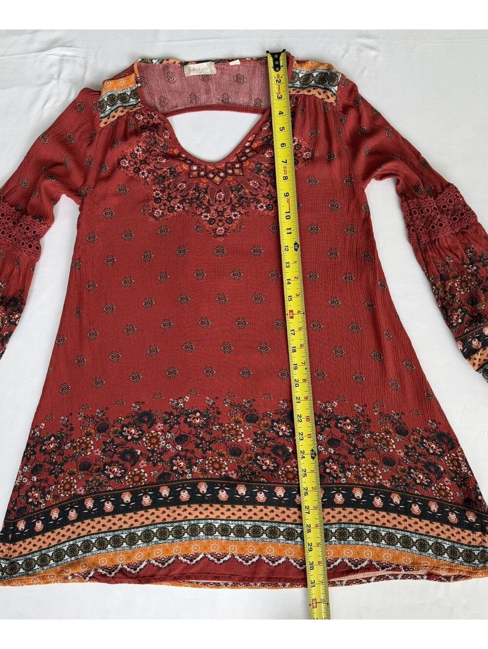 Altar’d State XS Rust Orange Boho Border Print Balloon Sleeve Tunic Dress